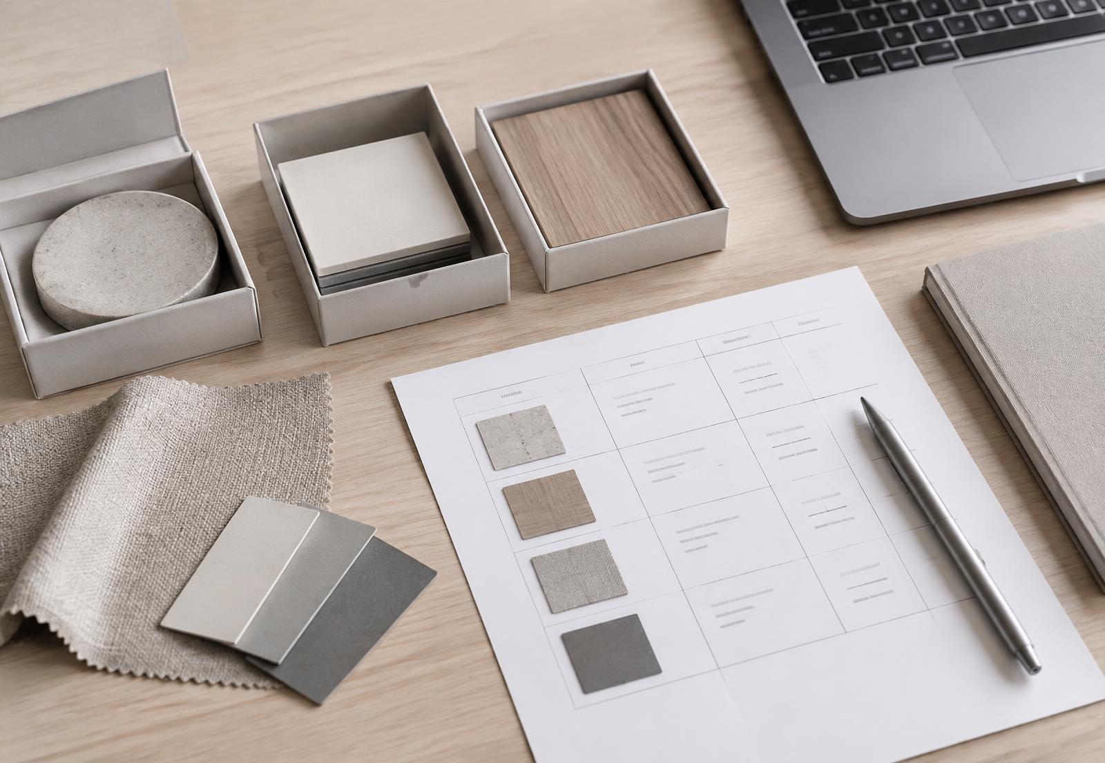 Sélection d'échantillons produits et d'emballages disposés sur un plan de travail clair
